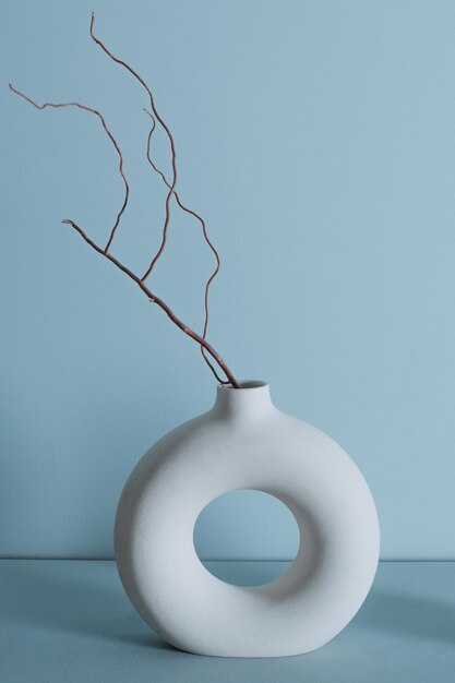 Ceramic white vase with dry autumn branch against a plain wall Minimalism in interior design