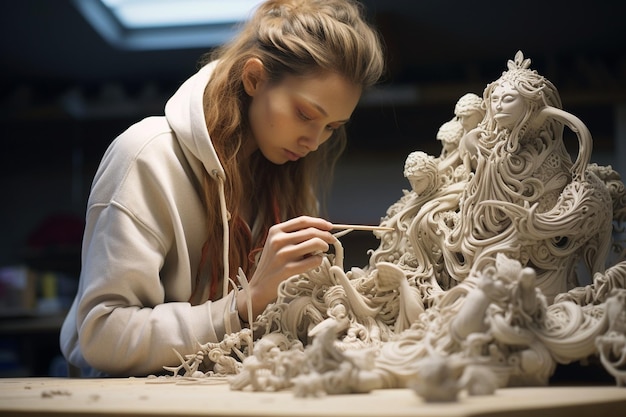 Foto scultore di ceramica che scolpisce un ai altamente dettagliato e generativo