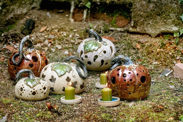 Ceramics Halloween pumpkins in interior