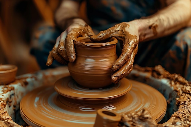 Foto un ceramista scolpisce un vaso d'argilla su una ruota di ceramica