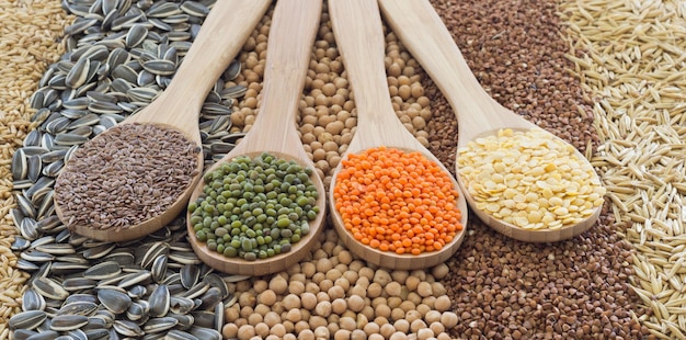 Cereal background rice buckwheat sunflower peas and oats