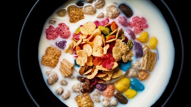 Cereal in bowl and milk on dark background