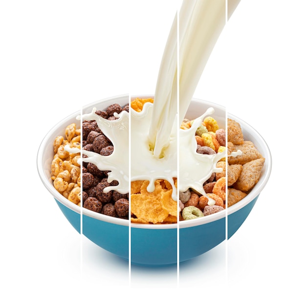 Cereali colazione collage muesli e fiocchi di mais con versare il latte Foto Premium