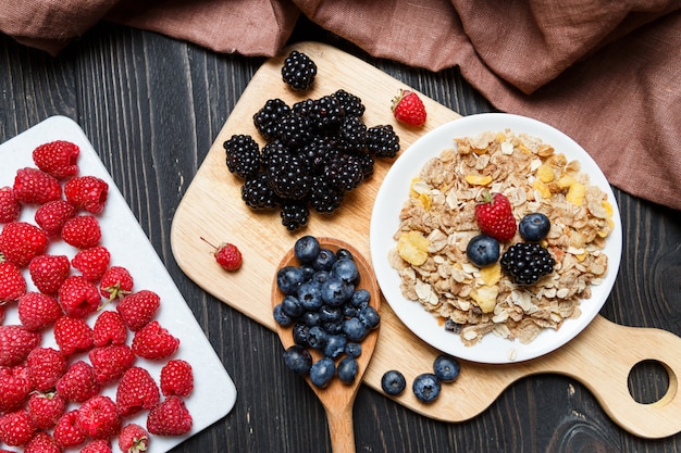 Cereal. Breakfast with muesli and berries. T