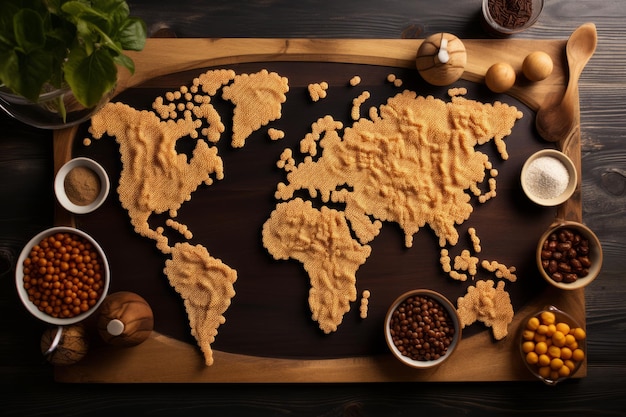 Photo cereal cartographer unveiling a whimsical world map crafted with coffee beans and cereals