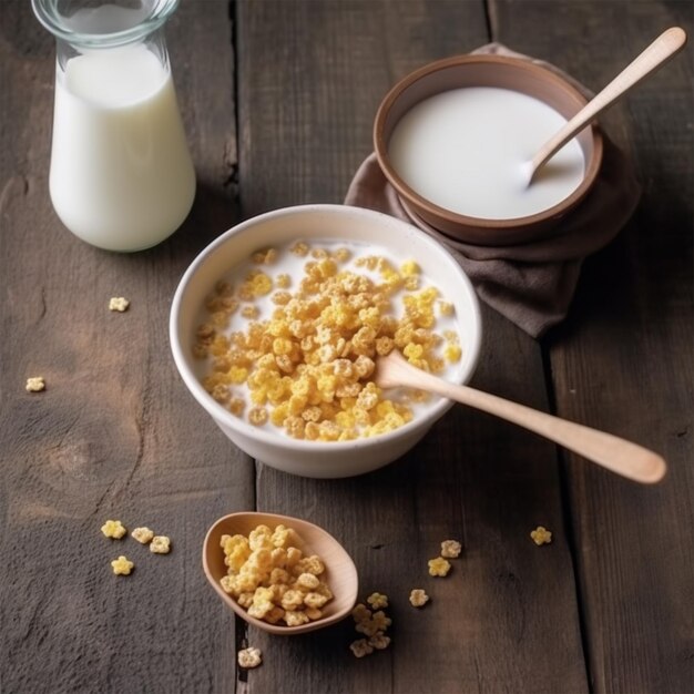 Photo cereal grains set in ceramic bowls on wooden table