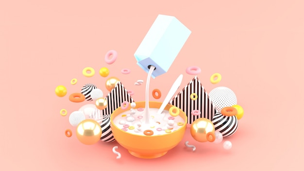 Cereal and milk are among the colorful balls on the pink space