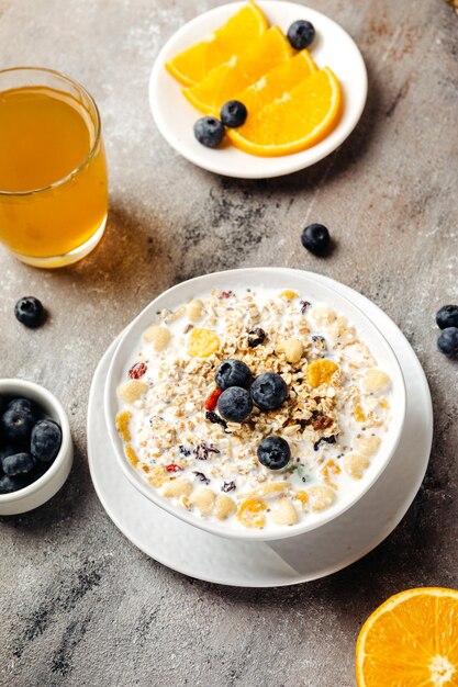 cereal muesli and cornflakes with blueberries