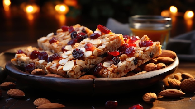 Cereal superfood energy bars with almond nuts dry fruits raisins chocolate Generative AI