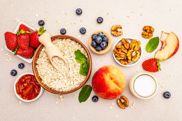 Cereal and various delicious ingredients for breakfast