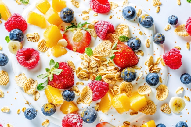 cereal with fruit dropped in yogurt Isolated on white background