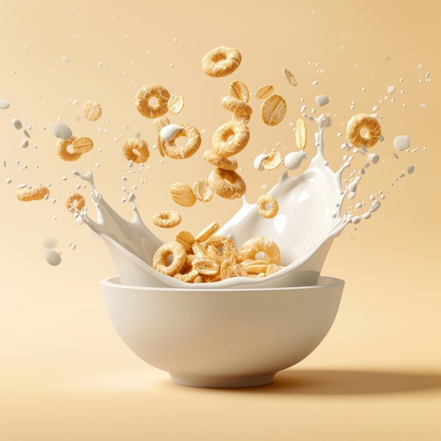 Photo cereals and milk in a bowl light yellow background food levitating space for text