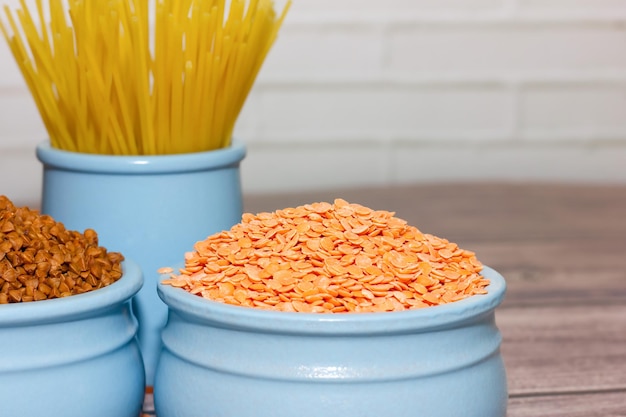 Cereals and pasta in blue china