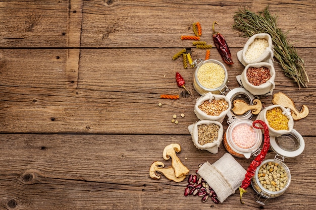 Cereals, pasta, legumes, dried mushrooms and spices