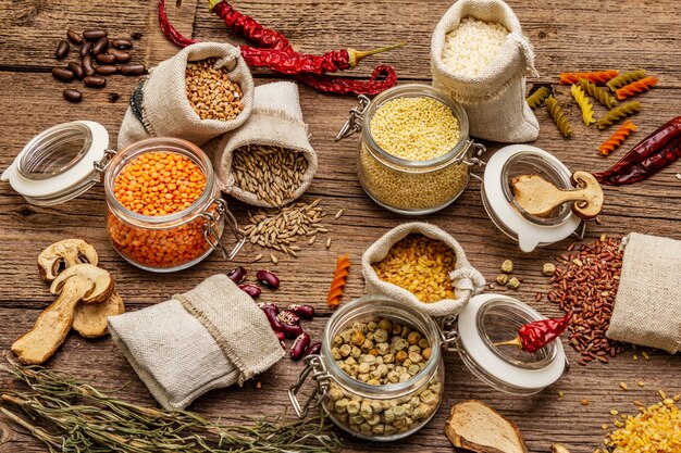 Cereals, pasta, legumes, dried mushrooms and spices