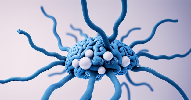 Мозговые соединения Голубой нейронный флаг с синапсами Исследование тонкостей мозга и медицины