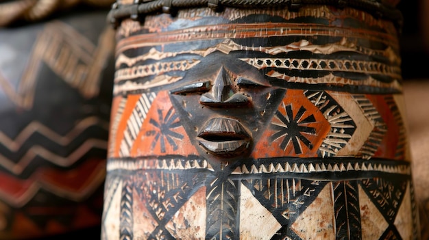 A ceremonial drum decorated with handpainted tribal designs used to summon the spirits and aid in