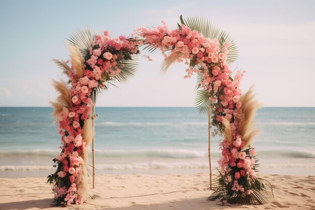 Ceremonial wedding arch on the beach decorated with natural flowers