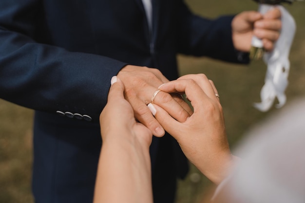 Photo ceremony of exchanging wedding rings closeup