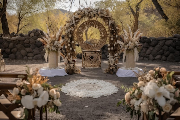 Ceremony setup featuring natureinspired centerpieces blooming florals and delicate accents created w