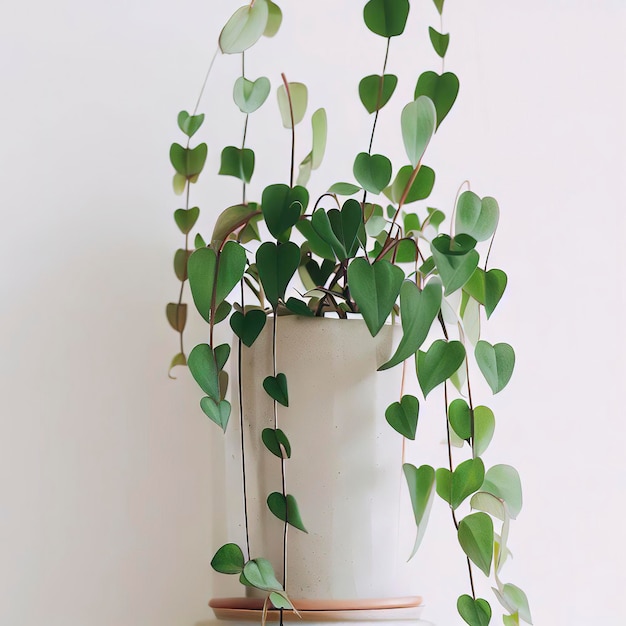 Ceropegia woodii とも呼ばれるストリング オブ ハートまたはチェーン オブ ハートの白い壁に対して植木鉢のモダンな観葉植物