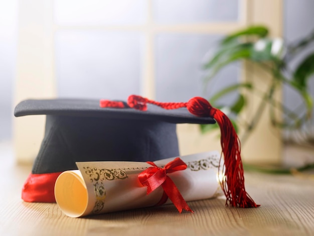 Certificate and mortar board on the wooden table