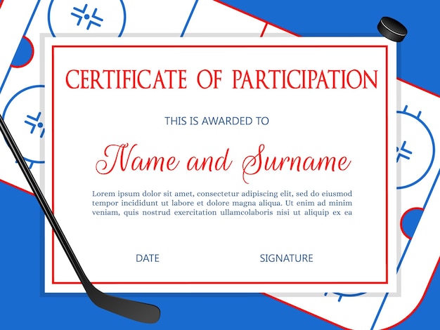 Photo certificate of participation in hockey competition