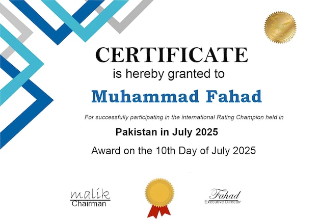 certificate of recognition for muhammad fahads participation in international rating champion