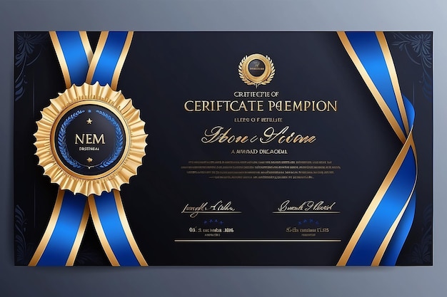 Photo certificate template in elegant black and blue colors with golden medal