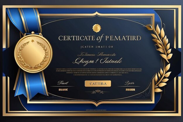 Certificate template in elegant black and blue colors with golden medal