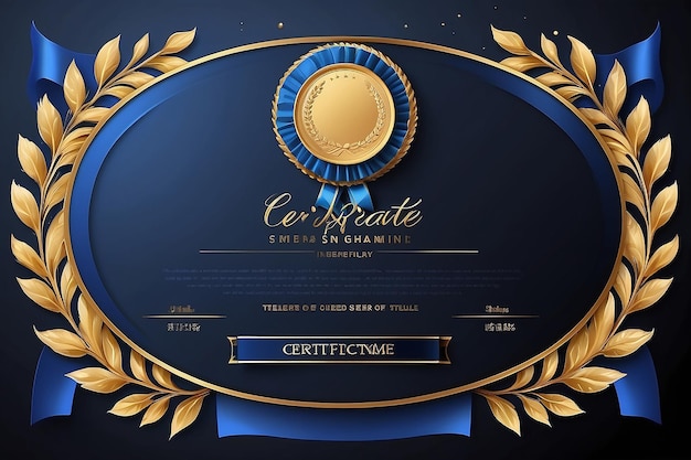 Certificate template in elegant black and blue colors with golden medal