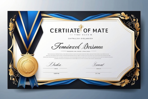 Certificate template in elegant black and blue colors with golden medal