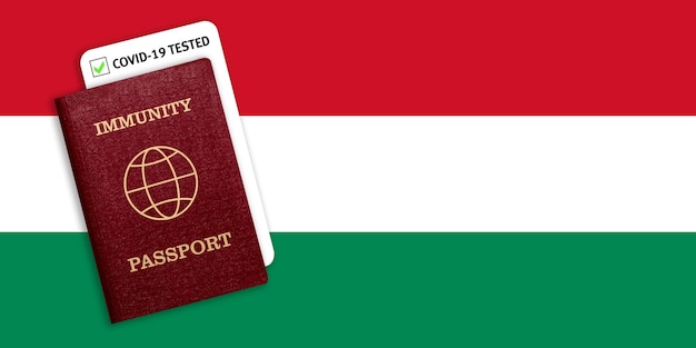 Certificate for traveling after pandemic for people who have had coronavirus or made vaccine and test result for COVID-19 on flag of Hungary