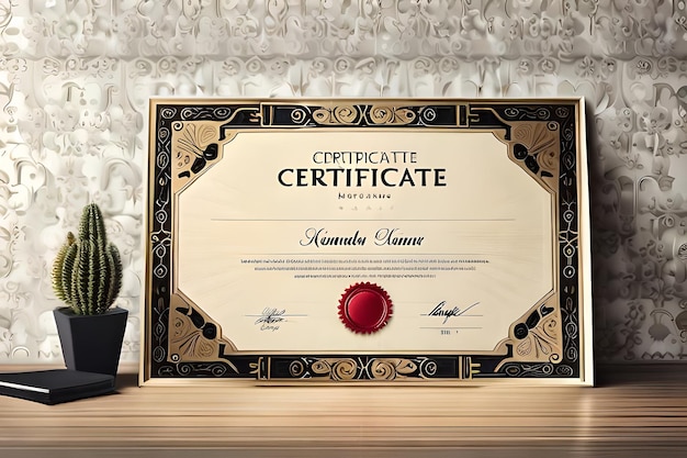 a certificate with a red flower on it