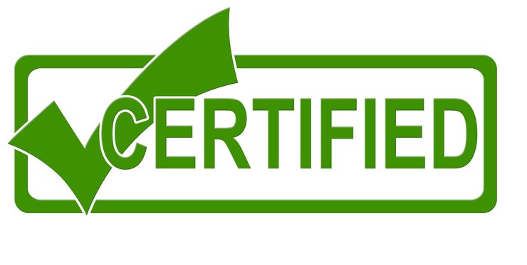 Photo certified word with red check mark isolated
