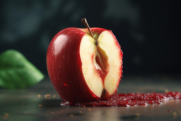 Фото Цезий хрустящий красное яблоко с кусочком, выдержанным высоко и сочным