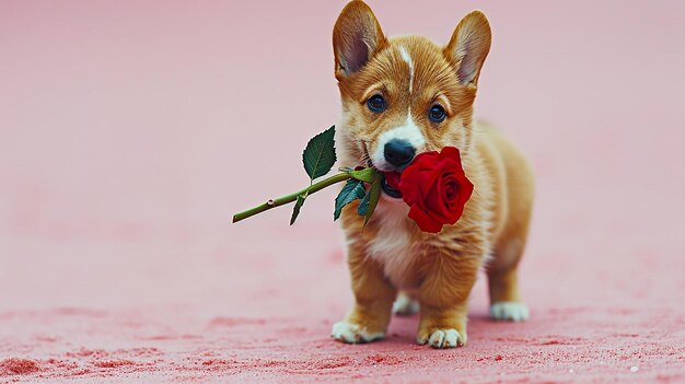 写真 赤いバラ の 花 を 抱い て いる 可愛い コルギ 犬