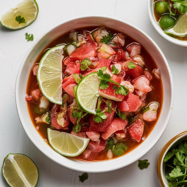 Ceviche de pulpo with lime wedges