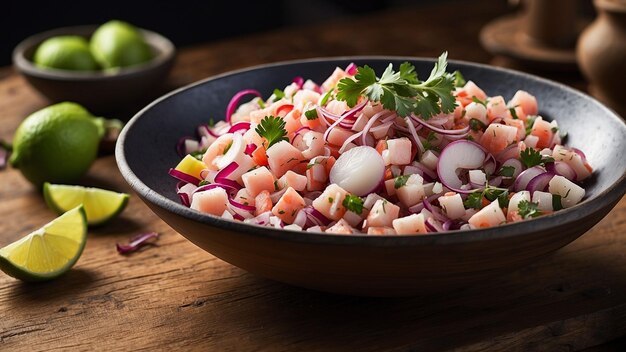 Foto un capolavoro di ceviche poggiato su una superficie in legno intemperato esplorare l'interazione delle texture da