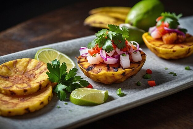 Photo ceviche served with crispy plantain tostones