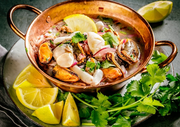 Ceviche with seafood and lemon