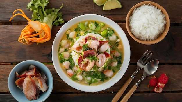 Photo ceviche with seafood rice and fish chicharron peruvian food seafood trio