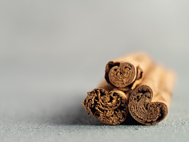 Photo ceylon cinnamon sticks on gray background