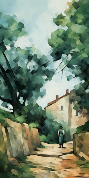 Foto pittura digitale ispirata a cezanne con architettura precisa e sfondi piatti