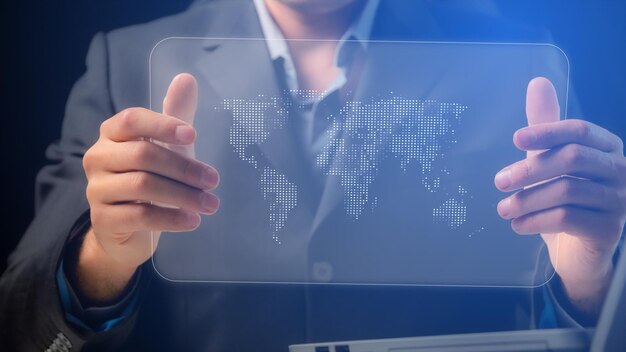 Photo cg collage businessman showing transparent tablet with digital world map