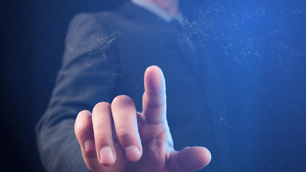 Cg collage businessman touching finger transparent screen binary code and light dots of world map