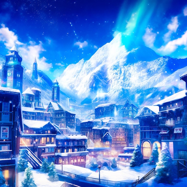 CG rendering of a Swiss snow town with aurora in the sky