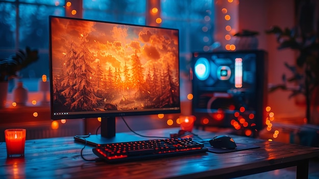 CG-weergave van een gamecomputer in een videogamerruimte met neonverlichting Een gaming PC-monitor met de interface van een computerspel Een gaming streamer39s werkstation op een tafel met neonkoelers A