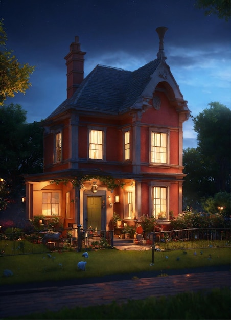 Cgi 3d pixar house exterior 80s style less saturation nighttime sky fantastic mr fox style