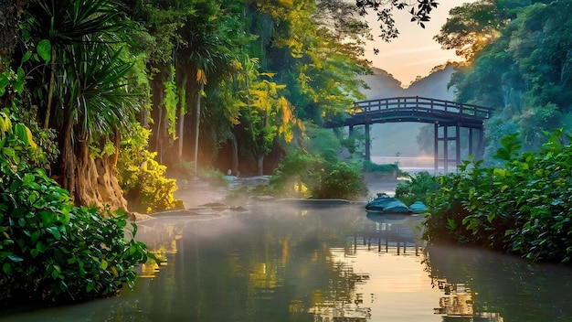 Photo chae son hot spring national park at sunrise in lampang province thailand